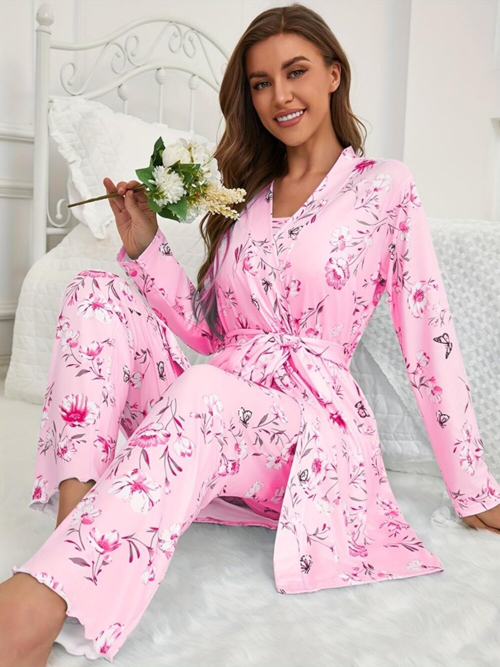 Women's 3-Piece Pajama Set Floral Print Robe Camisole and Long Pants Pink - Picture 4 of 6
